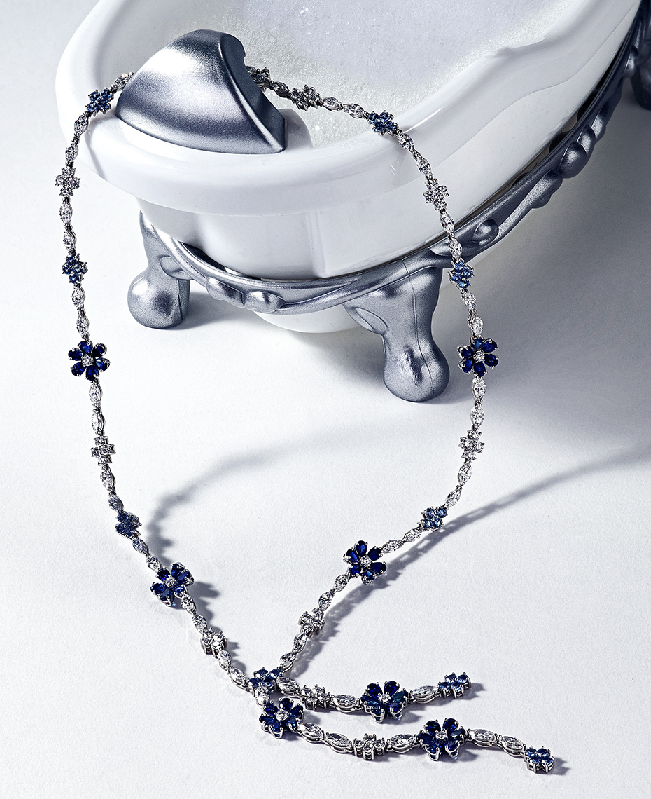Harry Winston necklace in the bath, editorial photo by David Lewis Taylor.
